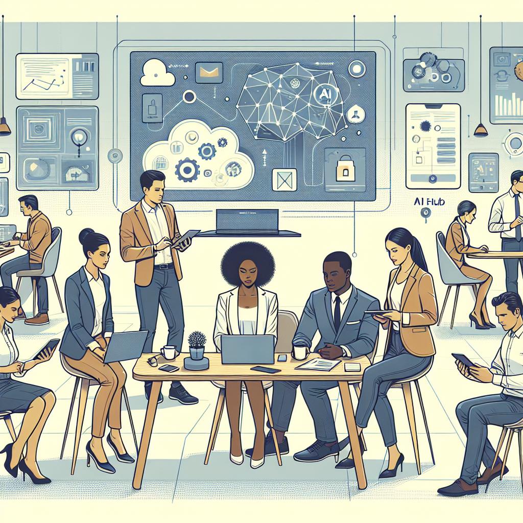 Visualize an innovative scene in a 2D, linear perspective suitable for vector art. The setting is a modern office space full of technology. Professionals of various descents: Middle-Eastern woman, Hispanic man, and Black woman, are in collaboration, using digital devices such as tablets and laptops to interact with an application called 'AI Hub'. They are engaged with the AI application, some looking at the screens and others in discussion. Integrate elements such as graphics and virtual clouds into the image, symbolizing data analysis and security. The image style is flat and corporate, set against a plain white background.