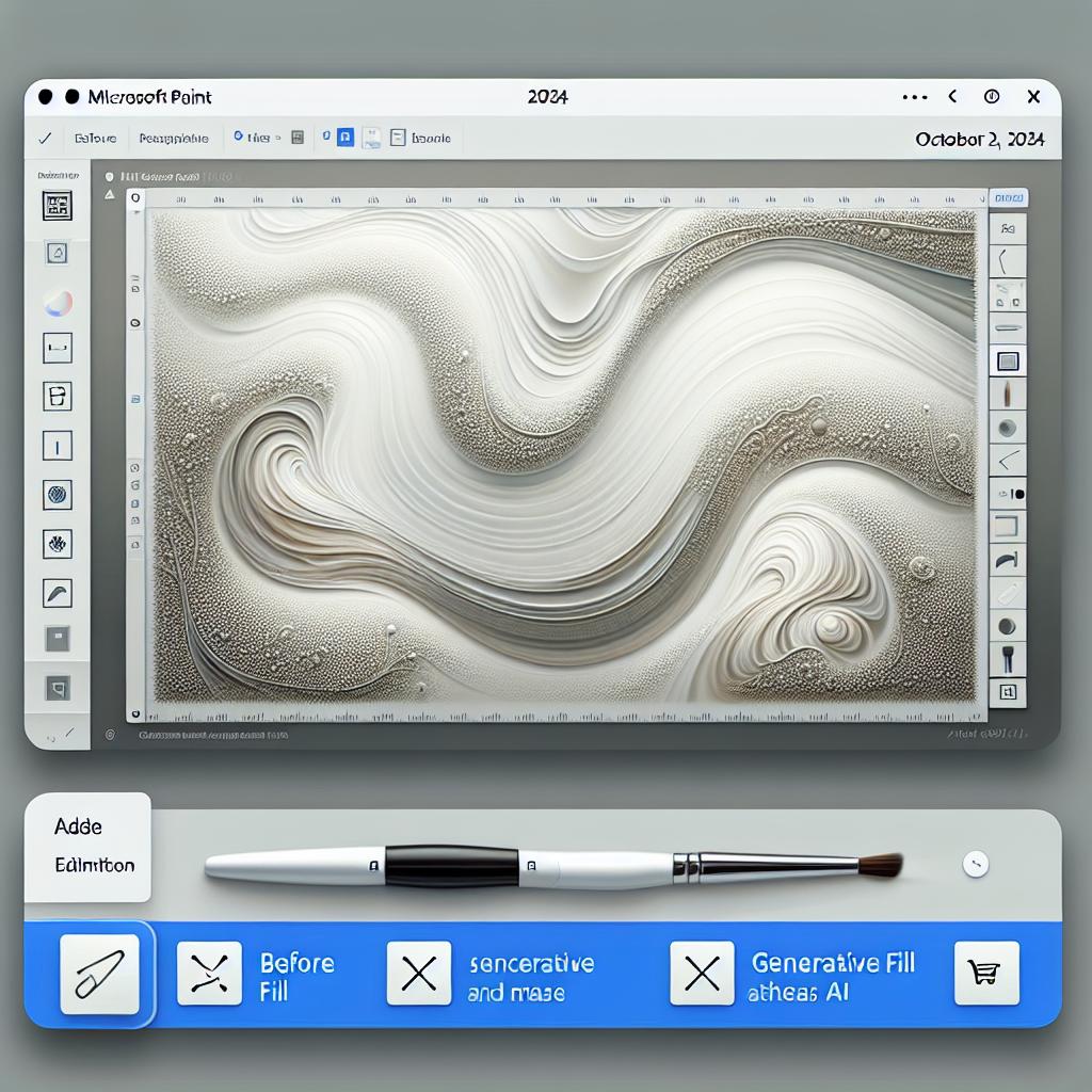 An interface of the Microsoft Paint program with added AI tools as of October 2, 2024 is highlighted in a white, textureless 2D, linear perspective. The interface, appearing vectorial, flat, and corporate in style, is user-friendly and illustrative of image editing with AI. You can see an easy-to-use interface of Paint that emphasizes the ease of the new tools. There's an example of editing that demonstrates the before and after capability of the Generative Fill tool. Also included are tool icons that represent Generative Fill and Erase for quick identification.