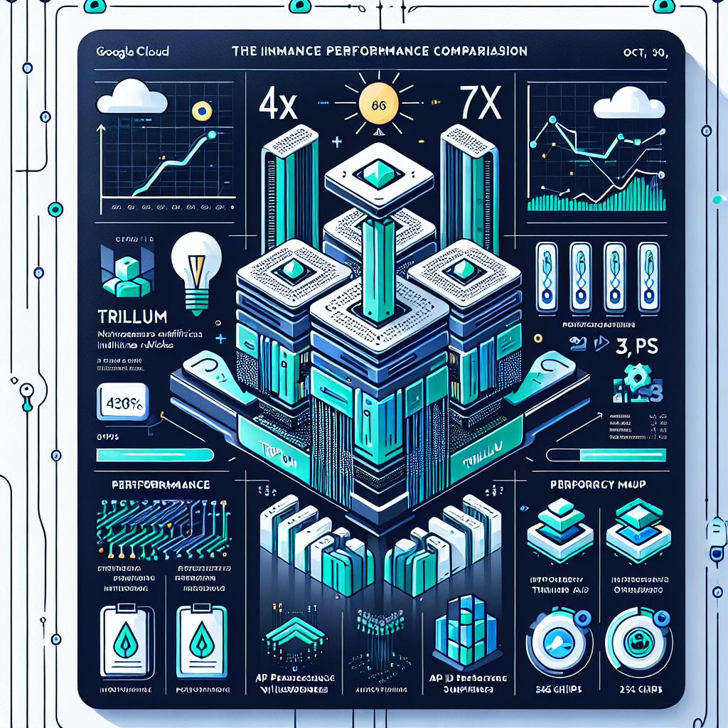 Illustrate a two-dimensional, corporate-style image with a flat, white background. The image should be composed with a graphical or a visual representation that emphasizes the performance comparison, presented on October 30, 2024, between Google Cloud's new Tensor Processing Units (TPUs) and its previous models. The representation should draw attention to the tech giant's focus on their AI Hypercomputer, new TPU models, and their aim to enhance efficiency and performance in artificial intelligence workloads during the App Dev & Infrastructure Summit. The image should be in vectorial graphics and include additional elements like a comparison graph demonstrating the performance improvements of the Trillium TPUs, innovation icons symbolizing technological advancement, blue and green colors symbolizing technology and reliability, a background with circuitry symbolizing computing infrastructure, and highlighted texts with significant performance numbers such as 4x, 67%, and 256 chips.