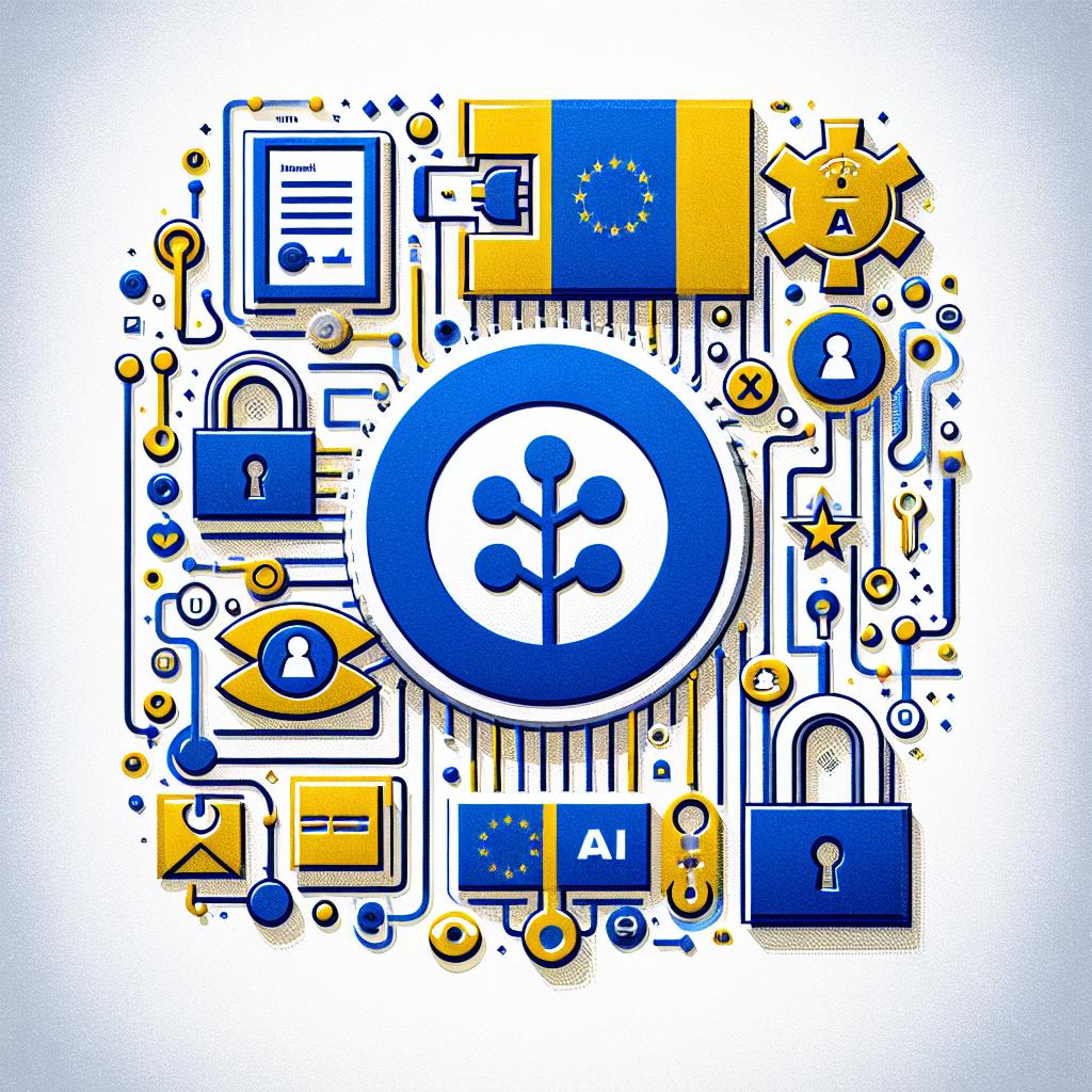 An image under the flat, corporate, and 2D vectorial design style. It presents the logo of an imaginary social platform embroiled in regulatory and privacy issues with the European Union. The image background is a plain white, textureless plane. Central to the image is the logo of the social platform, portrayed in innovative AI-related tones. Surrounding this logo are graphical symbols of growth, symbolizing technological advancements and AI developments. The image also includes locks and keys, representing privacy and data security. Further elements include the European Union's flag to symbolize data protection laws, all with the blue and yellow colors associated with the European Union flag, reflecting the European setting of this theme.
