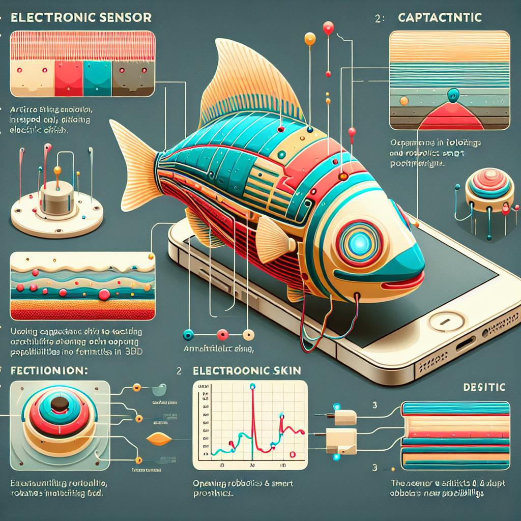 Create a two-dimensional, corporate style, vectorial flat design on a textureless white background. The image should illustrate an artificial sensor inspired by electric fish, using capacitance to detect objects in 3D, opening new possibilities in robotics and smart prosthetics. Highlight the electronic skin in use, emphasizing its functioning layers and applications in robotics and biomedicine. Include a diagram of the sensor's functionalities with different colors representing each layer. Show scenarios of the sensor's use in aquatic and aerial environments, depict the sensor connected to a smartphone, and include a simplified measurement table explaining the sensor's detection distances.