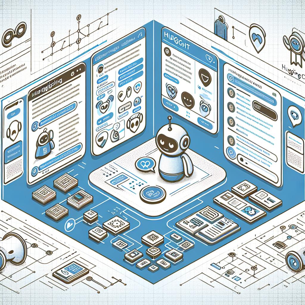 Create a 2D, linear perspective image, featuring HuggingChat - a new free, open-source alternative to ChatGPT developed by Hugging Face. The image should show a screenshot of HuggingChat's interface, highlighting user interaction with the chatbot. The design is modern, intuitive, with icons of AI models representing the diversity of available options. The style is corporate, depicted in a flat, vector fashion. Apply a clean layout to emphasize ease of use. Use a textured-less white background, and adhere to a blue and white color palette to convey modernity and technology.