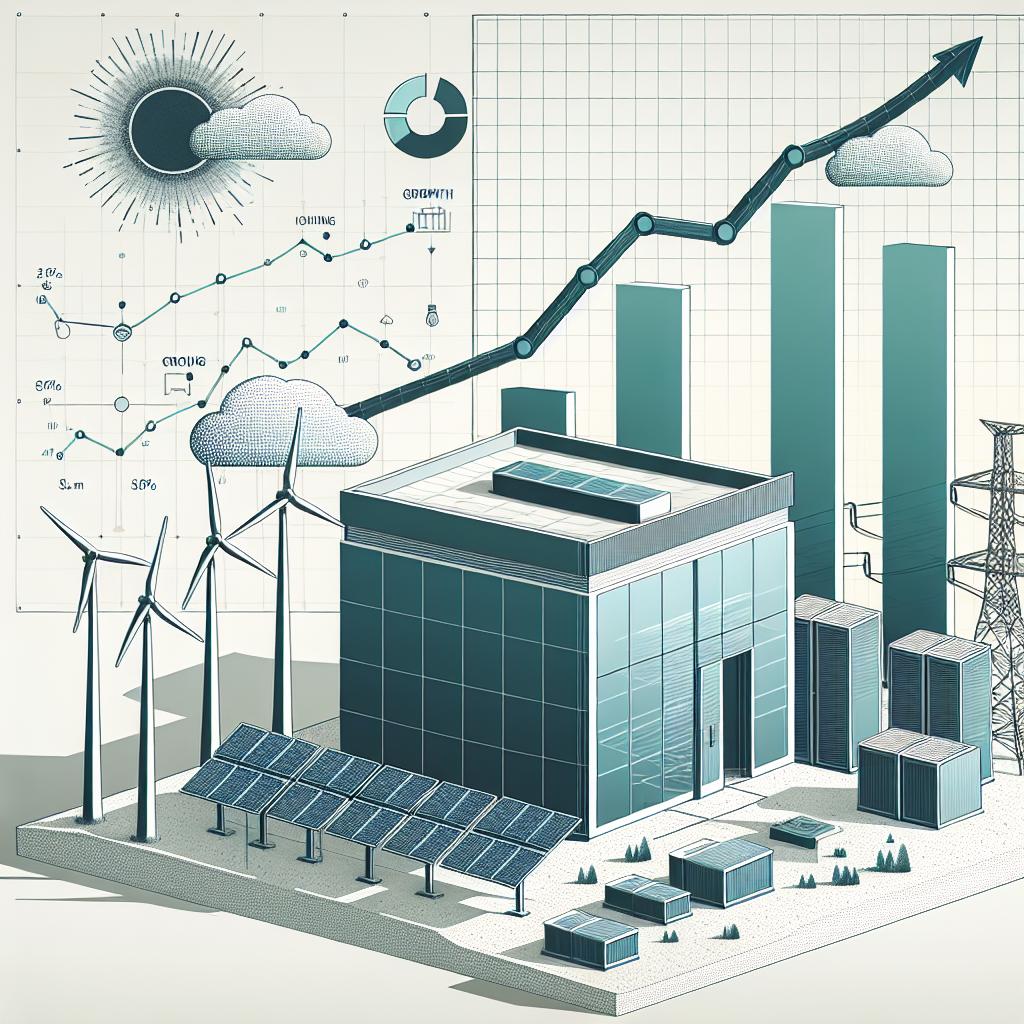 An illustration in flat vector style that contrasts the structure of a modern data center with an image of a growth graph showing the energy demand. This image is set against a visually untextured white background, employing a linear, two-dimensional perspective. The modern data center emphasizes on the key elements such as solar panels, reflecting the growing requirement for renewable energy, and wind turbines, signifying alternative solutions to meet energy demand. The image also incorporates growing charts, symbolizing the bursting demand for data centers, and electric transmission lines, which underscore the essential electrical infrastructure.