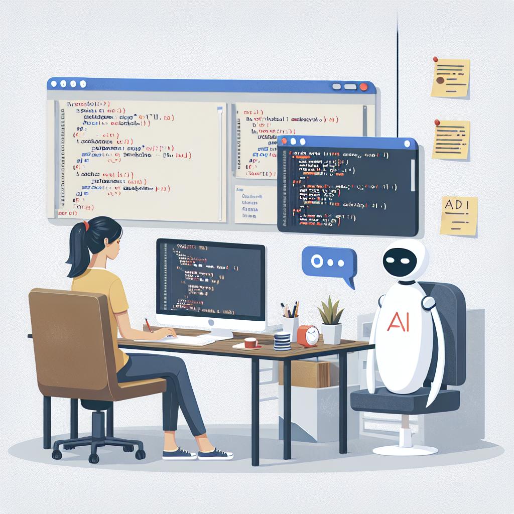 Create a 2D, flat vector style illustration that depicts an efficient debugging scenario involving an AI assistant. The scene is set in a corporate environment with a white, textureless background. The central figures are a South Asian female developer and an AI assistant. The developer, situated in front of a computer, is looking at a screen that has portions of code with errors highlighted. The AI assistant, represented as a digital interface, is providing corrective suggestions. The surrounding workspace includes notes and tools related to programming.