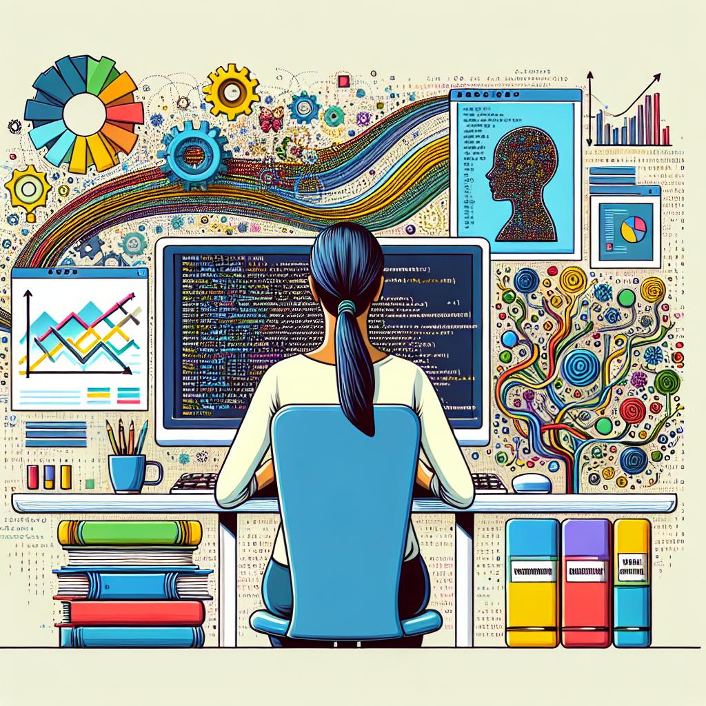 Create a 2D linear perspective, corporate-style flat vector image on a white, textureless background. The scene shows a South Asian female developer sitting in front of a computer, which displays code to represent her working environment. The area around her is filled with various colored elements to convey innovation and excitement in the technology field. These elements include performance charts symbolizing progress monitoring in fine-tuning deep learning models, and books about AI that symbolize the developer's continuous learning and knowledge. The image represents the practice and application of AI techniques and is a symbol of the fine-tuning process of deep learning models.
