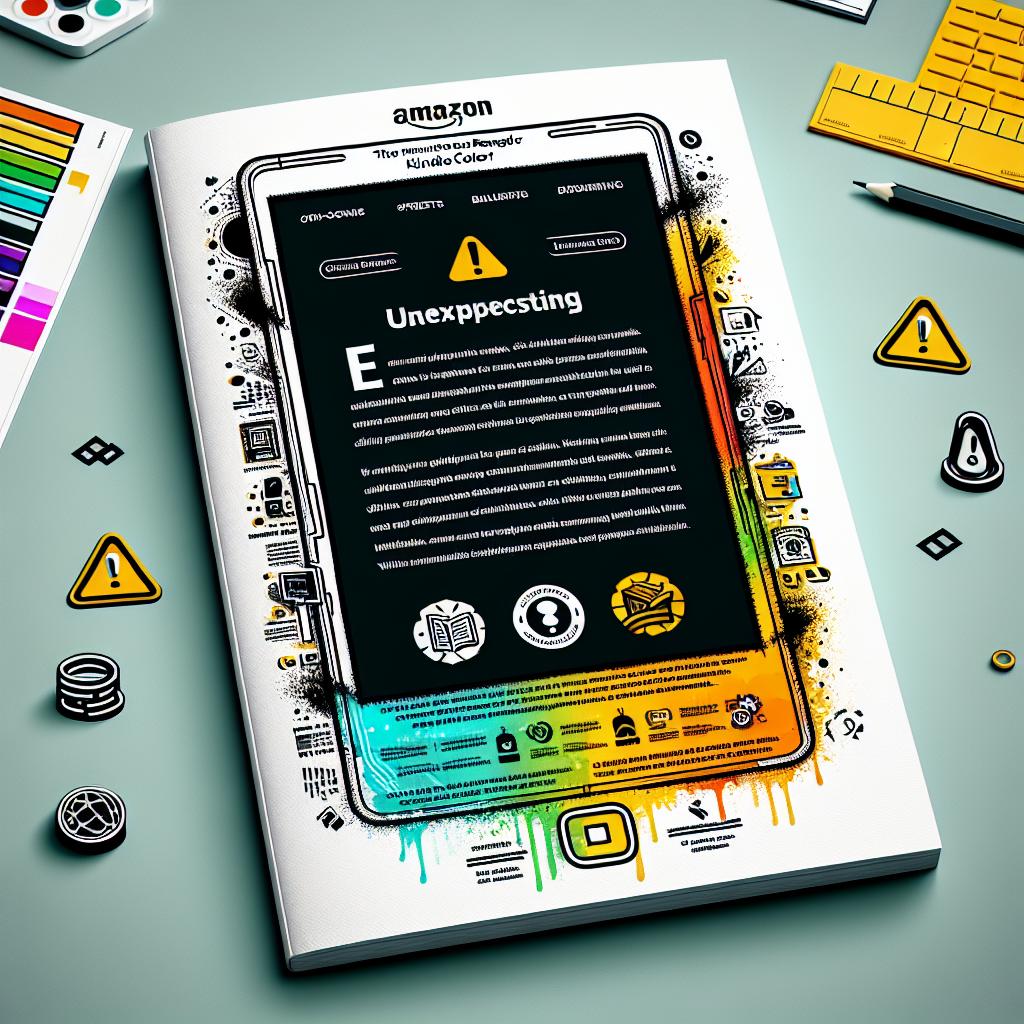 Create an image in a 2D linear perspective, with a corporate, flat and vectorial style. The artwork showcases the new Amazon's eBook reader, Kindle Colorsoft, on a white and textureless background. The device's screen is emphasizing an unexpected yellowing problem. Use contrasting colors to highlight the yellowing issue. Along with the image, include some informative text that briefly summarizes the major complaints raised by users. Incorporate warning icons as symbols of consumer dissatisfaction.