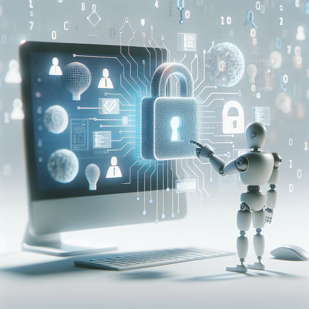 Present a flat, 2D, and corporative style image, rendered on a plain, untextured white background. The foremost focus should be a computer or a robot interacting with a substantial amount of data, symbolizing the integration of artificial intelligence technology into businesses. Additional elements like cyber security are represented by a floating padlock, depicting the importance of maintaining data integrity and privacy in the rise of autonomous AI models. Also, include floating bytes in the background to symbolize the digital nature of the data flowing in and out of these AI systems.