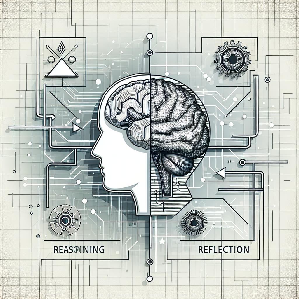 In a flat, corporate, and vectorial style, illustrate a concept that shows the interlinking between reasoning, action, and reflection in AI agents. At the center, a human brain merges with electronic components, symbolizing the union of human thought and artificial intelligence. The image is 2D and linear, placed against a white, textureless background. Draw arrows between the elements to indicate the interactivity among the processes of reasoning, action, and reflection. Incorporate a futuristic backdrop to suggest the innovation and technological advancement that AI represents.