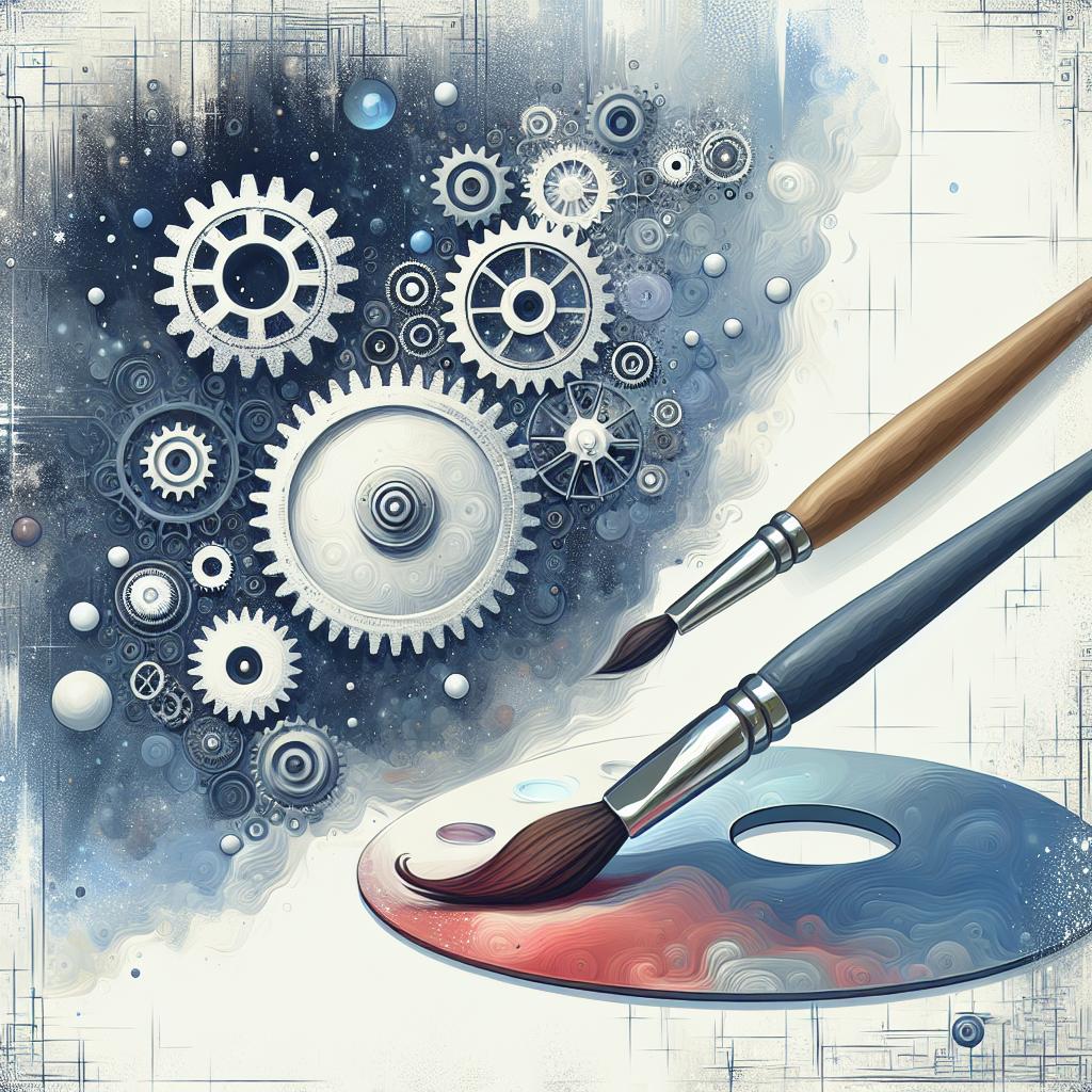 Illustrate a flat, corporate and vectorial image in 2D, linear perspective blending aesthetics sourced from the Surrealist art movement and the cognitive experience drawn from the Ganzfeld Experiment. The key elements include gears and paintbrushes against a clean, white, textureless background. Here, gears signify logic and reasoning, whereas paintbrushes stand for creativity and artistic expression. This image will represent the synergy between logic and creativity in the evolving world of artificial intelligence. Also, incorporate a cosmic backdrop to suggest the subtle undertones of exploration and stepping into new frontiers.