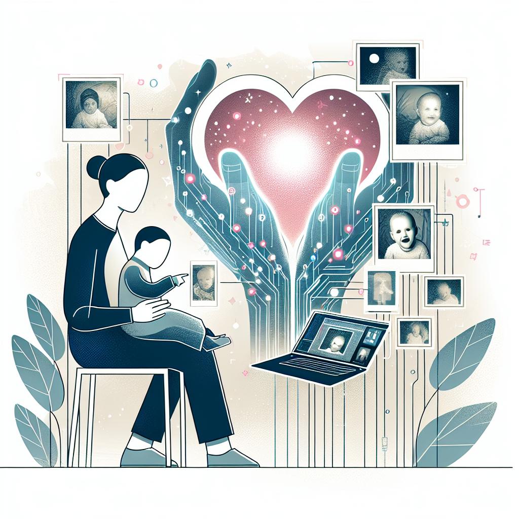 Create a poignant, heartwarming, and tender image, captured from a mother's perspective in a linear 2D design. The mother is using Artificial Intelligence technology to animate photos of her child, signifying the struggle, resilience, and the pain of loss. The imagery should include elements of a heart symbolizing the mother's eternal love for her child, and photos that depict childhood and lost innocence. The technology element should serve as an innovative approach conveying the treatment of memories. The style should be vector, flat, and corporate. Use a white, untextured background. Soft color tones should be used to convey the emotion and sensitivity of the moment.