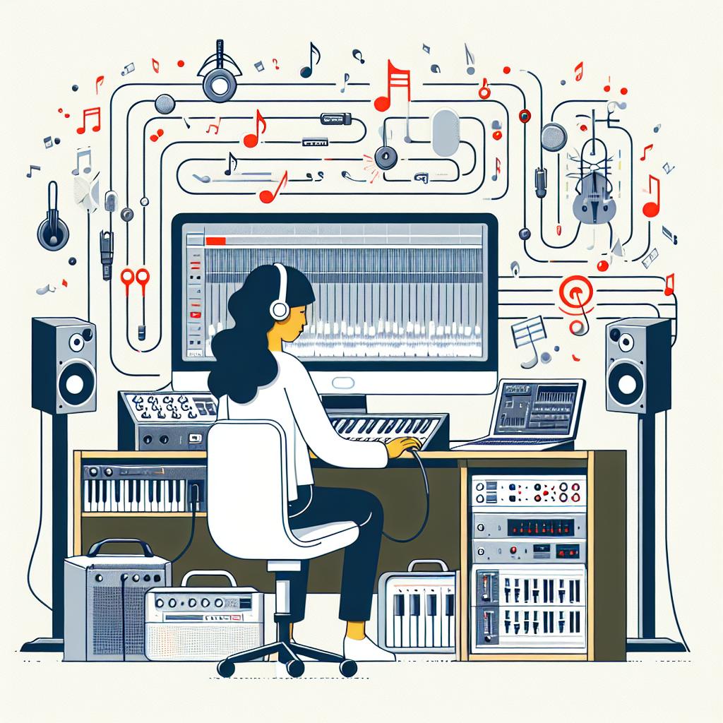 A 2D, linear perspective, flat, vector-style illustration set in a modern audio studio with white, untextured background. In the center, a South Asian female digital artist is actively using the DiffRhythm, a music generation model, on her computer to create a song. Surrounding her are various audio equipment items symbolizing the interaction between technology and music. Display on the computer screen is the real-time functioning of the DiffRhythm model. Floating around the artist and the audio equipment are whimsical music notes, illustrating the concept of music generation. This image represents the accessibility of music creation and the new era of music brought about by innovations like DiffRhythm.