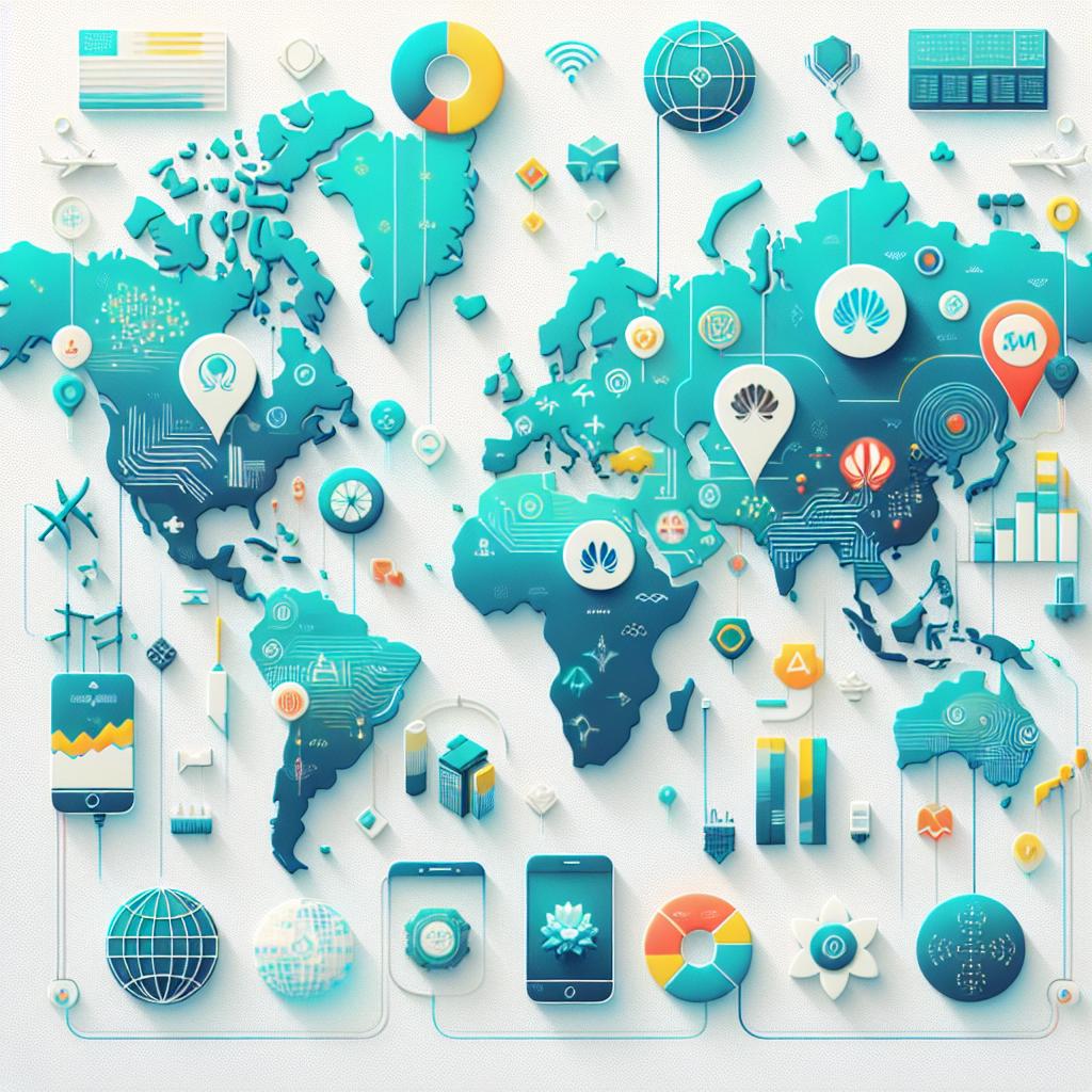 An illustration in 2D and with a flat, corporate style featuring a world map that signifies the international expansion of Chinese artificial intelligence (AI) companies such as Huawei, Tencent, and Alibaba. The map is highlighting the countries in the Middle East and South-East Asia where these firms are investing due to the saturation of their domestic market and intense local competition. Various technology icons, symbolizing the sectors in which these companies operate, are interspersed throughout. The map and icons are rendered in shades of blue and green, evoking notions of innovation and environmental sustainability. The image has a clean white, texture-free background.