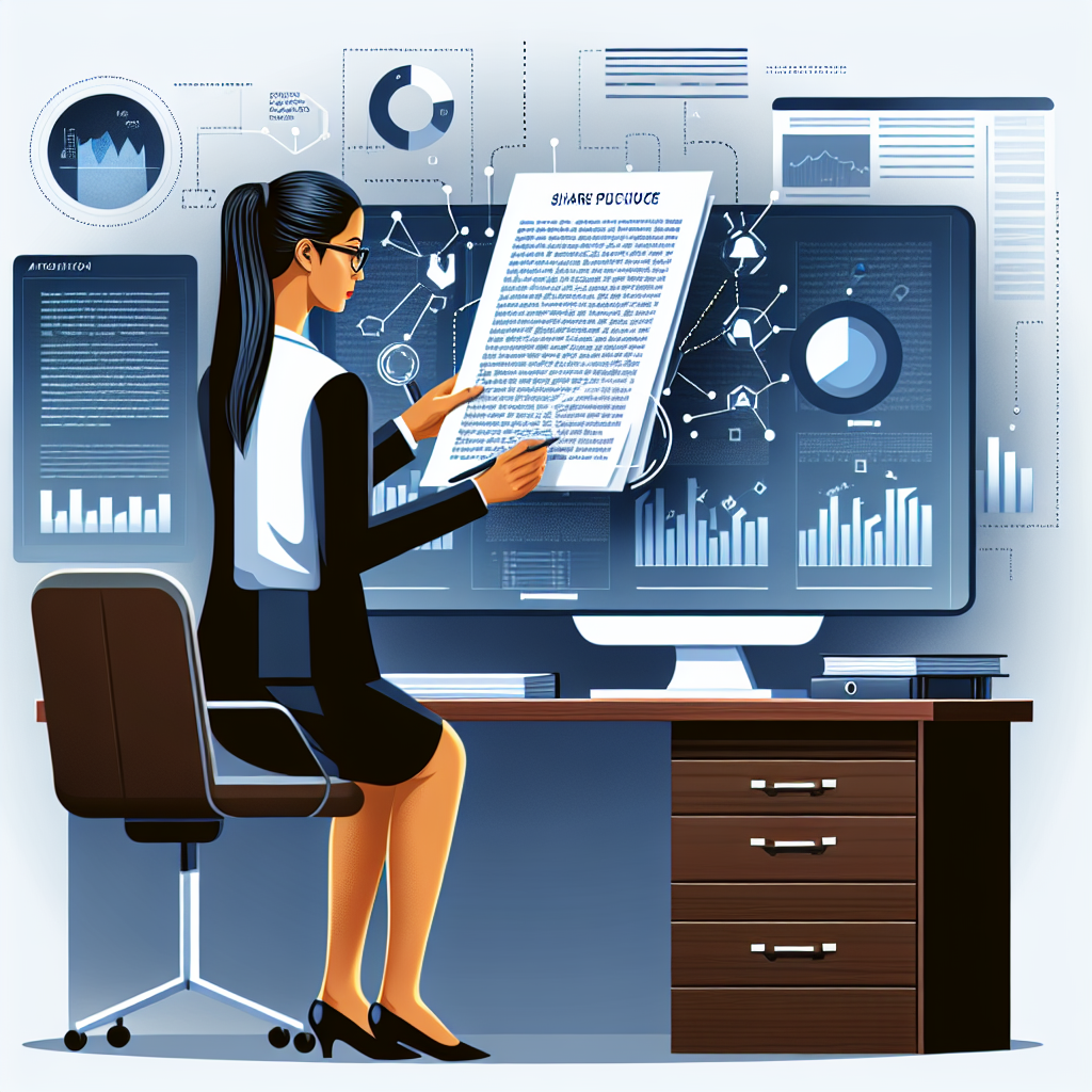 Create a 2D, flat and corporate-style vector illustration on a white and untextured background. The image should depict a South Asian female attorney scrutinizing a complex document in a modern office environment. The attorney signifies the practical application of technology in law, and the complex document stands for Share Purchase Agreements (SPAs) and their intricacy. A modern computer is highlighted to accentuate the technology involved in the process. Behind her, floating graphs and data visualizations are coming out of a screen, representing the precise data extraction and analysis. The overall office setting conveys a professional and serious context.