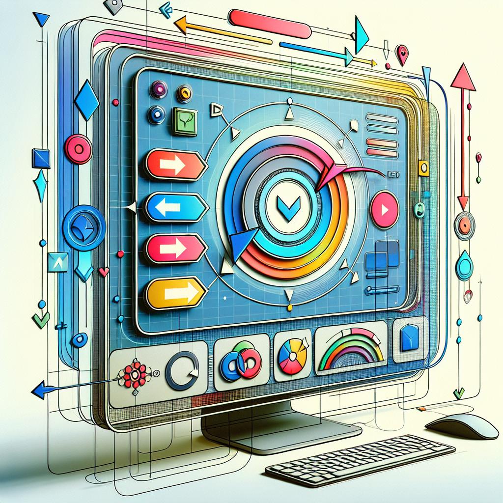 Create a 2D, flat, corporate style image, showcasing a computer screen with an interactive graphical user interface (GUI). The GUI elements, such as buttons and menus, are highlighted with arrows or encircled to illustrate the interaction between the user and the GUI elements. Use an iterative narrowing process, visually represented by the arrows, to emphasize the increasing accuracy in identifying elements on the GUI, thus surpassing traditional methods. The image uses a clean, textureless white background symbolizing modernity and usability. Vibrant colors are used to draw attention to the interactive components, emphasizing the complexity of digital interfaces.