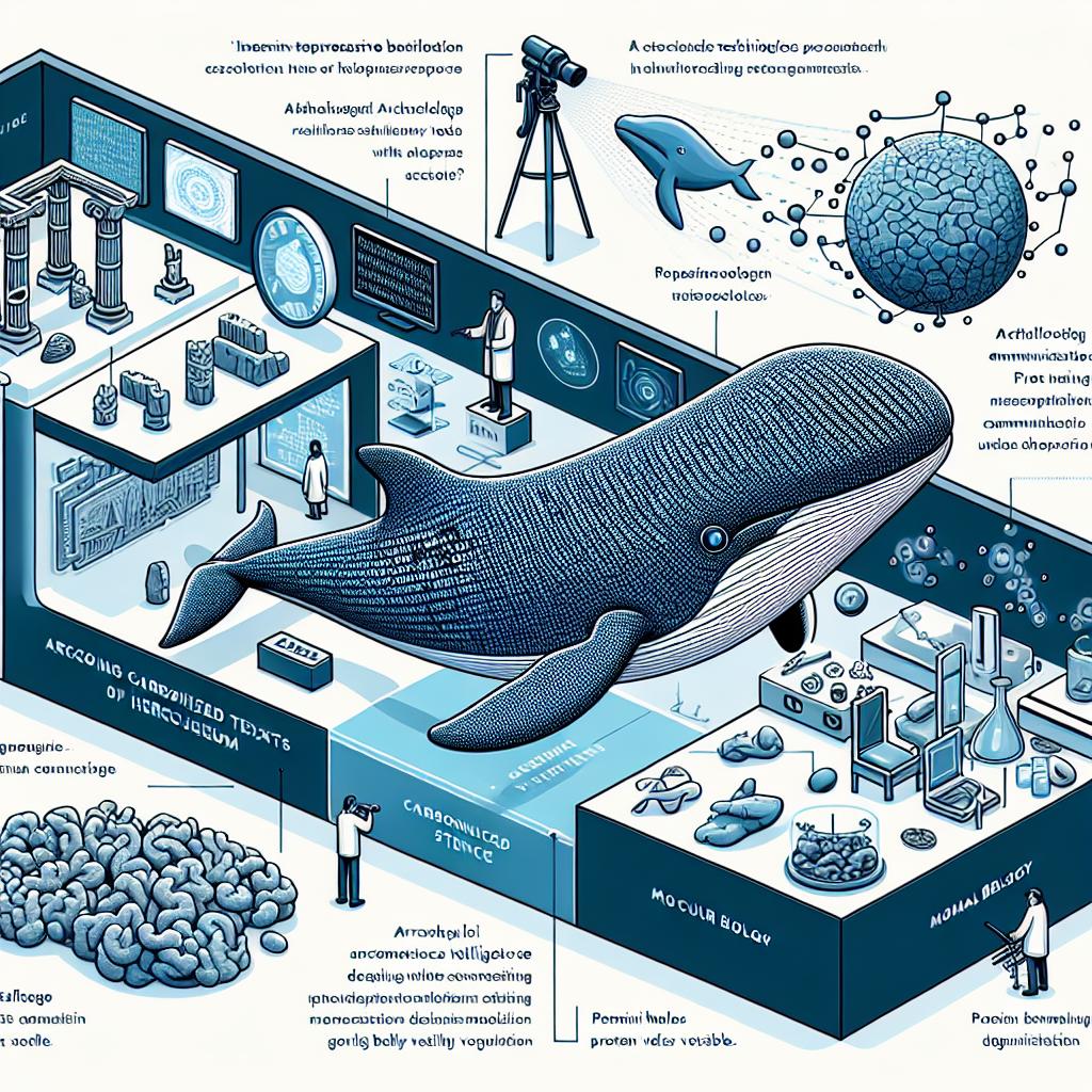 Imagine a 2D, linear perspective image whose style carries a corporate flat aesthetic. The background of this image is plain white. In the center, a representation of advanced technologies like binary codes symbolizing Artificial Intelligence decoding carbonized texts of Herculaneum. Interacting with the technology, we see elements from various fields of science. From archaeology, present archaeological elements like ancient artifacts or ruins. To suggest animal communication, depict a scene with Sperm whales, known for their complex vocalization. Finally, for molecular biology, illustrate protein structures barely visible, like within a microscope's view. This visual narrative showcases the AI revolution in scientific discoveries.