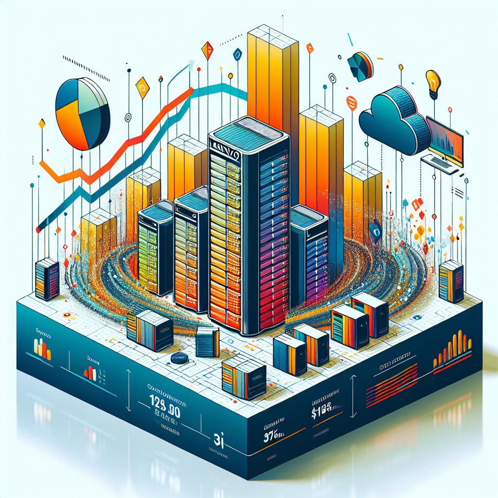 Generate a 2D, linear perspective image in a vector, flat, corporate style. The background is white and textureless. The image features a visual composition that symbolizes Lenovo as a leader in technology, incorporating elements like growth charts, servers, and smart devices. The growth charts represent the company's 20% increase in revenue tallying $18.8 billion in the third quarter of 2025. The servers symbolize the company's innovation in AI. The smart devices highlight their new product line, represented through elements that reflect modernity and innovation, utilizing vibrant colors.