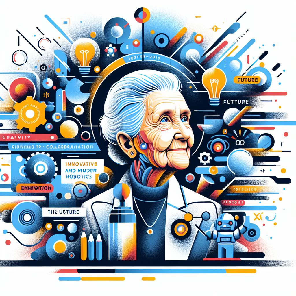 Create a highly innovative, vector-styled 2D image. The central figure is a 91-year-old tech pioneer, similar to Ruzena Bajcsy, reflecting about her contributions to modern robotics during a celebration marking the 40 years of a major robotics conference. The figure is surrounded by artistic elements that symbolize the evolution and innovation of robotics over the years. She should communicate creativity, a forward-thinking mindset, and a sense of legacy. The backdrop should be a smooth white with no textures. Complement the image with vibrant colors to represent innovation and future, and add in inspirational texts capturing the spirit of her legacy. Maintain a corporate flat style throughout the depiction.