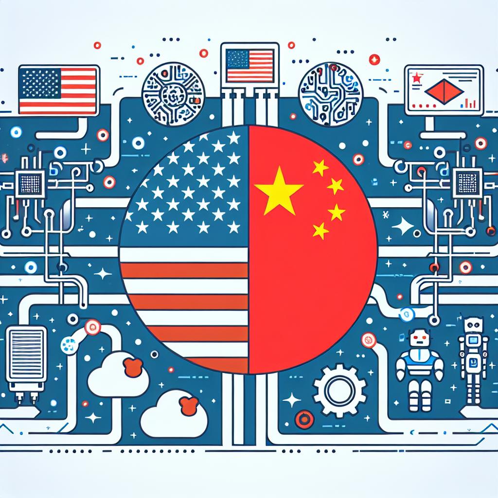 Create a 2D linear perspective image in a vector, flat, and corporate style. The image features a plain white background with no texture. It illustrates the collaboration between the United States and China in the field of artificial intelligence and technology. The American and Chinese flags symbolize the cooperation between the countries, overlaid by technology icons such as circuits and robots, representing the field of application. Data clouds illustrate the exchange of information, with a globe in the background highlighting the global importance of this technology.