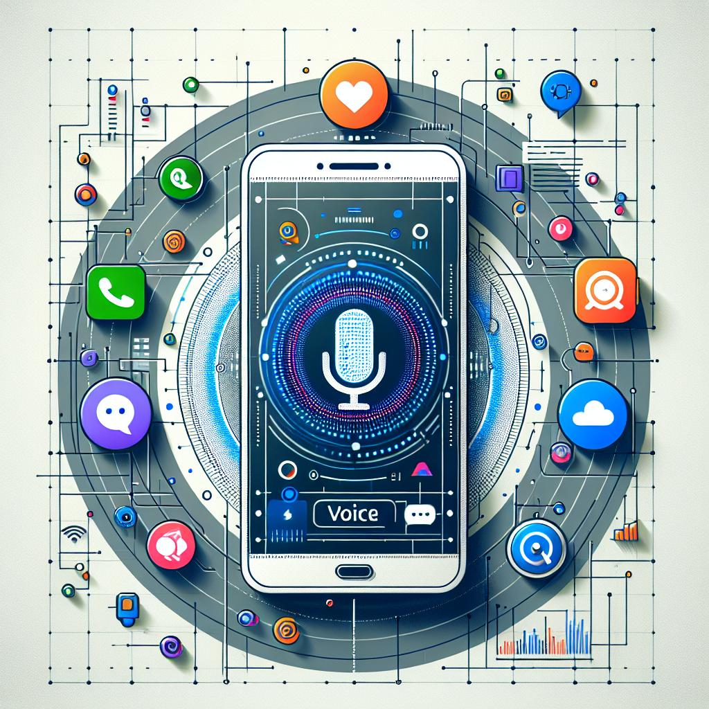 Create a corporate, flat, and vectorial 2D image with a white, textureless background. The image should depict a smartphone screen with a voice interface, interacting with popular application logos such as WeChat and Meituan. Around it, add a modern and innovative technological background. Include a personal assistant icon to represent the AutoGLM function. Use vibrant colors to convey a sense of innovation and modernity. Also, the perspective of the image should be linear.