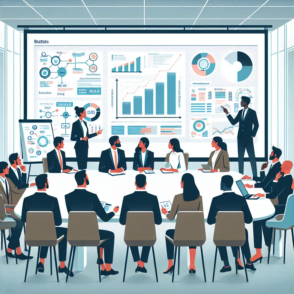 Create an image in the style of flat, corporate vector art, with the perspective being 2D and linear. The backdrop is a clean, white, and textureless. There should be a scene featuring a diverse team of professionals, with representation of South Asian, Caucasian, Hispanic, and Black genders, in a meeting room discussing strategies. They are analyzing charts and data generated by a Large Language Model displayed on a digital screen. Each individual should appear engaged and motivated. In the room background, there should be a whiteboard populated with flow diagrams and data, symbolizing the analysis and innovation provided by Large Language Models. Additional elements to include are the whiteboard - symbolizing brainstorming and strategic planning, and the charts and data - highlighting the information analysis facilitated by Large Language Models.