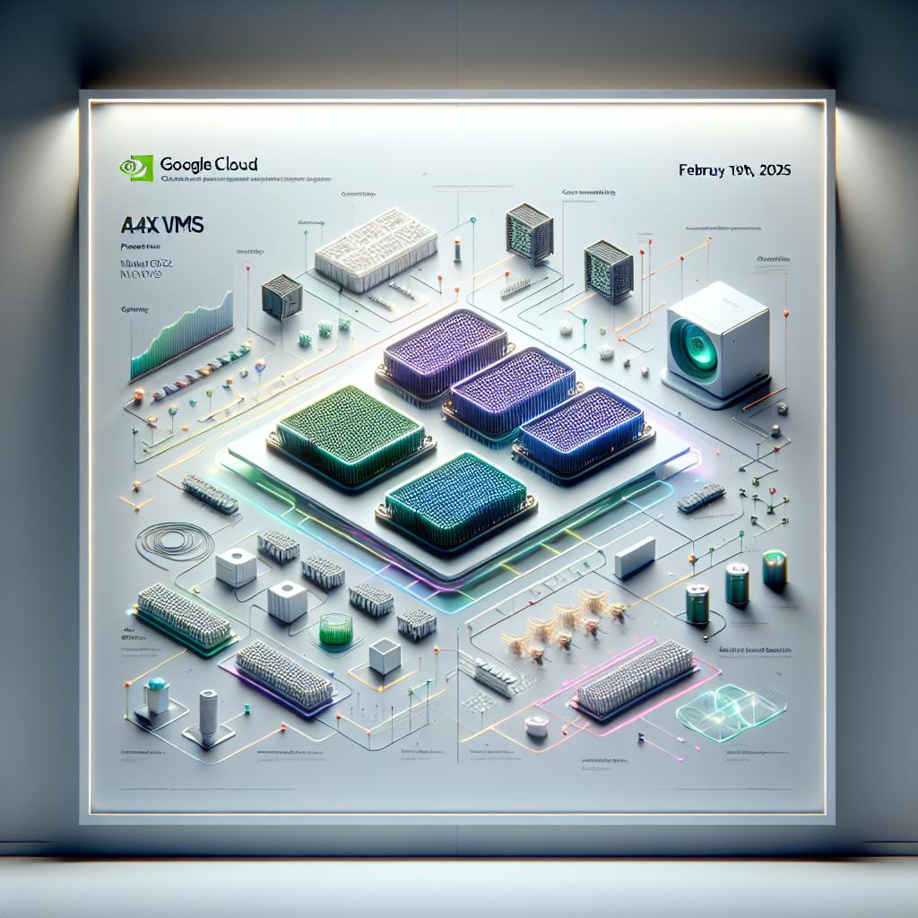 Visual representation of Google Cloud's A4X VMs, revealed on February 19th, 2025. The platform, powered by NVIDIA GB200 NVL72, is designed to cater to the growing demands of complex reasoning and learning artificial intelligence models. Display the configuration of GPUs and CPUs prominently, symbolising innovation and efficiency in artificial intelligence. The design is to be in a 2D linear perspective with a flat, corporate appeal. Use a white, untextured background. Incorporate elements of connectivity to depict the interlinked nature of GPUs and CPUs. Use vibrant colors to convey innovation and technology. Also include performance graphics to illustrate efficiency and improved performance.