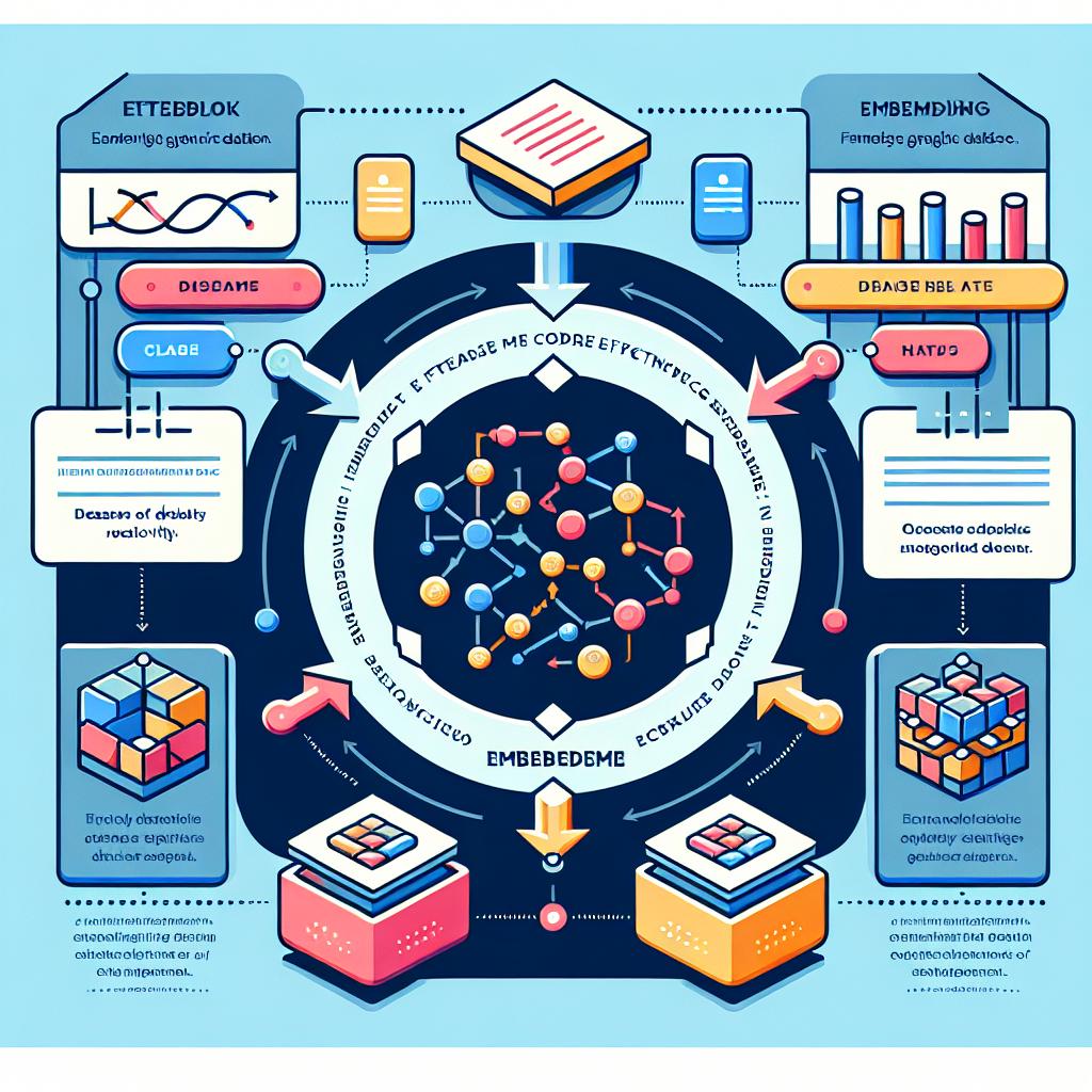 Create a 2D, vector-style illustration on a texture-less white background, designed in a corporate and flat style. The image's central theme is the workflow of EmbedGEM, a new framework for assessing the effectiveness of embeddings in genetic discovery. The illustration should include interconnected blocks, symbolizing the links between heredity and disease relevance. Additionally, add data charts representing the analysis of genetic data. Use distinctive colors to separate the phases of the process. Include explanatory text to highlight the importance of EmbedGEM.