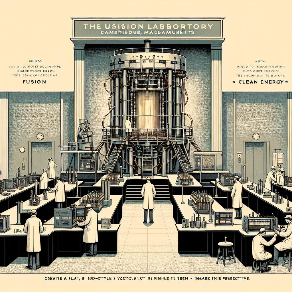 Create a flat, 2D corporate-style vector image inspired by 19th-century illustrations. The setting is a clean, high-tech fusion laboratory based in Cambridge, Massachusetts, featuring a background with no texture, flaunting a minimalistic aesthetic. At the center, design a fusion machine showing the location where tests are conducted. Show a team of researchers of varying DESCENT and GENDER, all wearing protective gear while conducting their research. Integrate texts such as 'Fusion', 'Muons', and 'Clean Energy' highlighted in the scene, emphasizing their significance in the research process. Please ensure the perspective is linear.