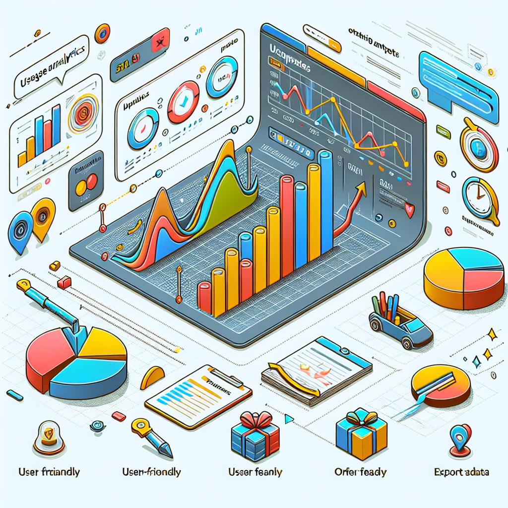 On October 17th, 2024, a flat, corporate style vector illustration in a 2D linear perspective on a textureless white backdrop. The scene portrays significant updates to the Usage Analytics dashboard announced by a fictional tech company called ElevenLabs. Key features include highlighted user-friendly and organized information. The visuals include colorful graphs clearly representing different usage metrics, export icons symbolizing the new data exporting functionality, and a clean, modern look reflecting innovation and ease of use.