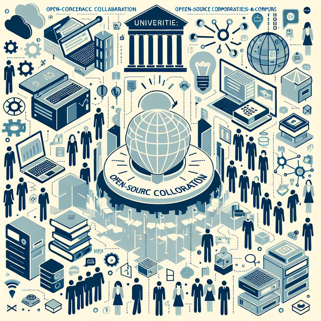 Create a 2D, vector, and flat corporate style image on a plain white, untextured background. The graphic should represent the collaboration between universities and corporations in creating open-source AI models. It should contain visual elements that highlight open access and technological innovation. Additional elements should include representations of academic collaboration in the form of universities, infrastructure symbols like computers and servers, open codes and graphs to illustrate the open-source nature of the project, depictions of people of various descents and genders discussing which signify the collaboration between developers and researchers, and symbols of innovation reflecting the progressive spirit of a new platform launched by former engineers of global tech companies.