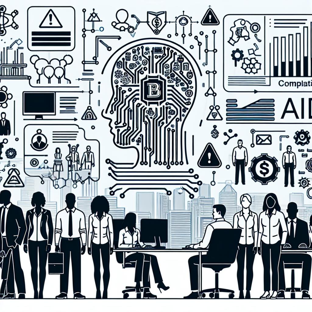 Create a 2D, vector-style corporate image on a plain white background using a linear perspective. The image will represent the U.S. Department of Labor's investigation into the impact on AI start-up companies, symbolized by compliance charts, workers in a technology environment, and symbols of companies (not their logos) that allude to some major investors in these startups. The symbols should be abstract, able to represent investment but not pointing to specific real companies. The workers in the image should be diverse, including men and women of various descents such as Caucasian, Hispanic, Black, Middle-Eastern, and South Asian.