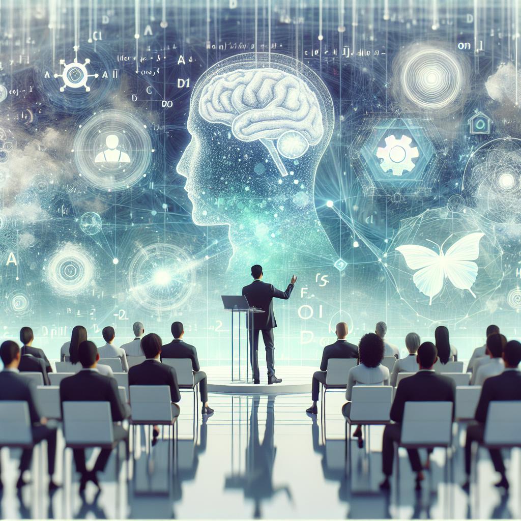 Create an image of an unknown scientist delivering a keynote speech on AI cognitive systems at a technology conference. Substituting the specific real person, the scientist could be a middle-age Asian man, reflecting the idea of reflection and deep thought in AI. In this vision, he is surrounded by an abstract and futuristic environment that represents complex reasoning. The aesthetic should be vectorial, flat, and corporate using a two-dimensional, linear perspective with a smooth white, textureless background. Other visual elements applied to this scenario include: floating data that symbolizes AI processing power, mathematical formulas that illustrate the application of logical reasoning to complex challenges, cool colors (blue and green) that evoke a sense of modern technology and innovation, soft lighting to convey a contemplative environment, and an abstract background that implies a dynamic and ever-changing future.