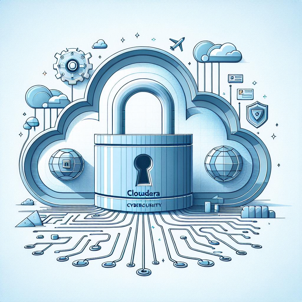 Visually symbolize Cloudera's commitment to cybersecurity in a simple and corporate flattened design in 2D linear perspective. Start with a textureless white background. Include a lock to symbolize the data protection and add paths leading to a secure future to suggest the progress and innovation. Make sure to integrate elements representing technology where Cloudera operates. Use a light blue color in the background to radiate trust and security. Note: The identifiable logo, name, or brand color of the real-world company cannot be included.