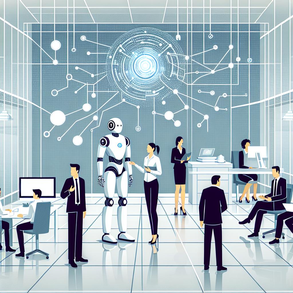 Create a futuristic, flat-style, vector illustration to visualize the future of Agentic AI and its challenges. There should be a scene in a modern office setting with a robot interacting with humans, which would represent the integration of AI in daily operations. Both men and women should be present in the scene, representing equal gender diversity. The depicted humans should be of different descents – for example, one can be Caucasian, another one Hispanic, etc., ensuring equal representation. There should be digital connections floating around to signify the interactivity and complexity of data. Use a white, texture-less background to give the image a corporate feel. The perspective should be 2D and linear.