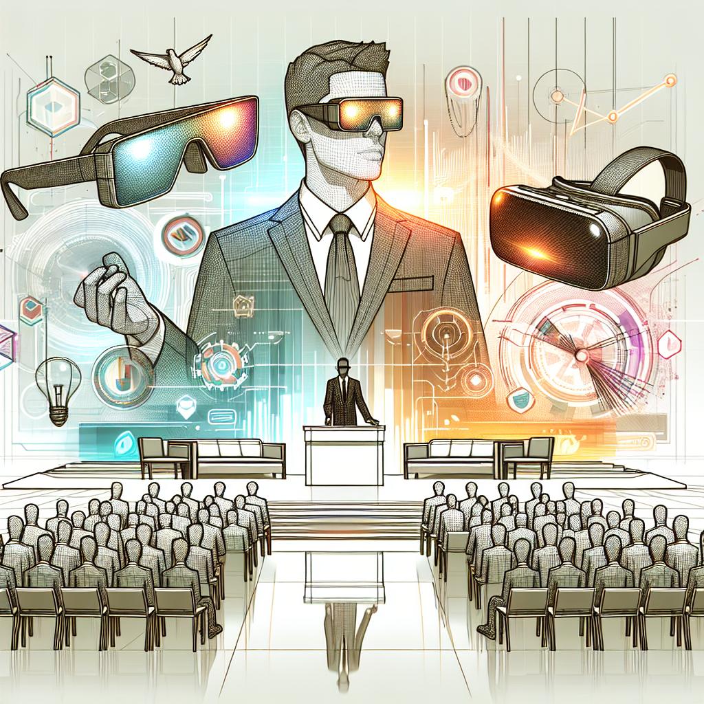 Immerse in the vision of a futuristic scene that unfolds during a fictitious conference in 2024. Note an impressive businessman showcasing exciting innovations in artificial intelligence and the metaverse, highlighting new augmented reality glasses and an advanced gaming headset. Focus on a vector-styled, flat, corporate 2D linear perspective of the items in question, set against a white, untextured backdrop to give a crisp, clean look. The glasses symbolize the ushering in of a new era in augmented reality, while the headset embodies access to immersive gaming experiences. Layer the scene with interactive elements that reflect the connection between the digital and physical worlds. Use vibrant colors to convey innovation and creativity.