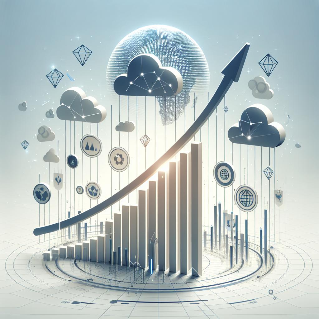 A corporate-style, vector design image in a flat 2D perspective with a non-textured white background. Display an uncomplicated line growth chart that represents rising revenue figures of a tech company over the years. Keep the company logo prominent, signaling its importance in the field. Include cloud icons symbolizing strategic partnerships with cloud providers. Use upward-pointing arrows to denote positive market trends. The overall visual narrative should emphasize the promising performance of the company in the artificial intelligence market.