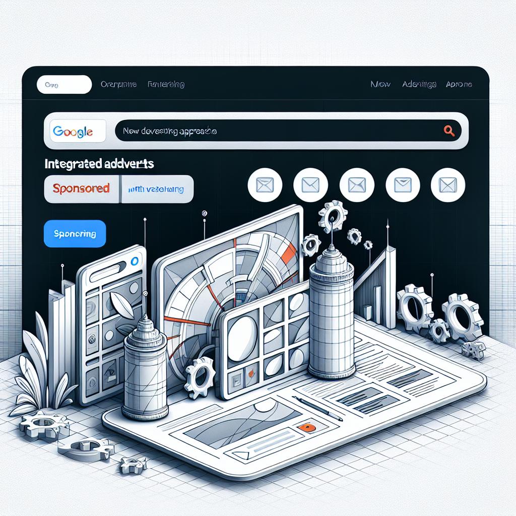 Create a 2D linear perspective image with a vectorial, flat, and corporate style, set against a white, textureless background. The image should illustrate the interface of the Perplexity platform with integrated adverts so as to demonstrate how they appear, while preserving the clarity and functionality of the search experience. The additional elements in the scene should include sponsored adverts, representing the new advertising approach, and a clean search interface, highlighting the continuity of the user experience.
