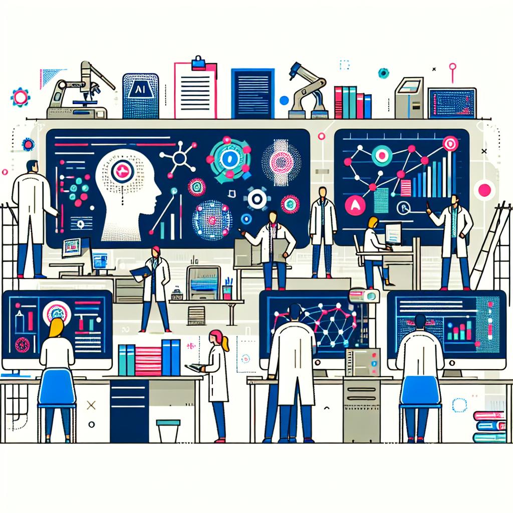 Imagine a 2D, vector-style image adhering to a corporate aesthetic. The background is texture-less and white. The scene takes place in a laboratory setting. Humans and Artificial Intelligence working together is represented by researchers of different genders and descents using advanced AI technology. Computers and large screens symbolize the integration of this technology, showing real-time data and digital graphs. These pieces of tech equipment are modern and plentiful about the lab. There are research reports and books, indicating the constant bridge between traditional academic work and groundbreaking AI-led initiatives. Lines are clean and colors are vibrant to emphasize the flat design style.