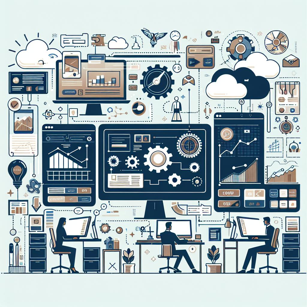 Create an image using a modern and corporate flat vector style, offering a 2D, linear perspective. The image is set against a plain and simple white backdrop and should portray a professional workspace vibing with technology. The main focus should be on a computer screen, signifying high-resolution and intricate interfaces. The image should also include depictions of users interacting with technological devices to emphasize the importance of humans engaging with technology. Additionally, illustrations of software tools and graphs should be shown, highlighting the applications addressed in the benchmark. Finally, the color palette used should be sober and professional, transmitting a serious and focused work environment.