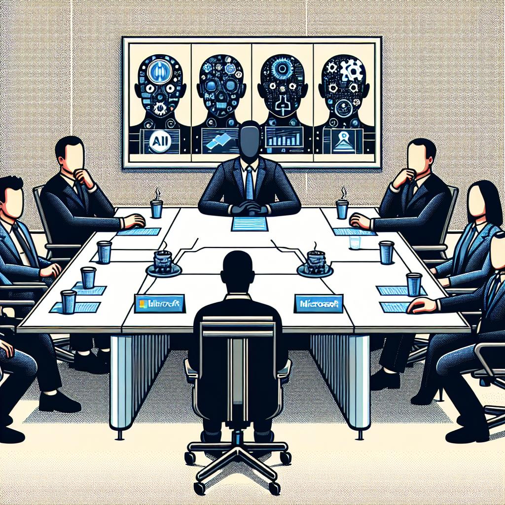 The image portrays a 2D, flat, vector-style discussion panel between technology leaders depicted as diverse individuals, both in terms of gender and race, sitting around a conference room table. On the table, hidden under their hands, are also logos subtly indicating the companies they represent, in this case, Microsoft and a tech venture firm. The room's background features a white, textureless wall adorned with graphics demonstrating the trends in AI regulation, underlining the urgency and importance of their conversation. These elements collectively create a corporate setting where important matters regarding AI regulation are in debate.