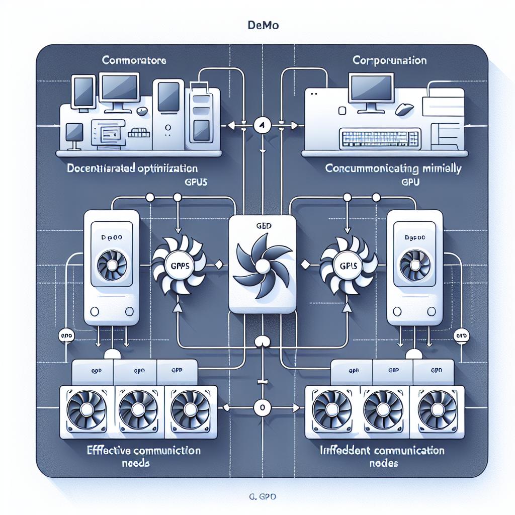 Illustrate a vectorial, flat and corporate 2D image on a white and texture-less background that embodies the concept of decentralized optimization in artificial intelligence. Picture multiple GPUs operating independently, communicating minimally, to highlight the efficiency of a new optimizer called DeMo that reduces communication needs during the training of artificial intelligence models. This consequently allows effective training on simpler hardware setups. Also, show an elaborate communication scheme that depicts the reduction of data exchanges, and independent workflow streams to bring out the efficiency of the method.