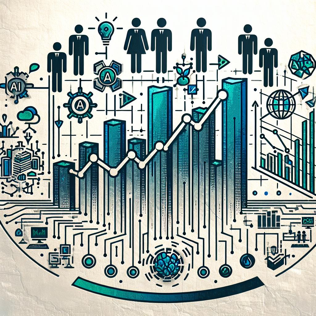 Create a 2D, linear perspective and corporate image on a white, textureless background, showcasing the challenges of scaling generative artificial intelligence operations in 2025. The image should include a graph or diagram illustrating the integration of generative AI into business operations, highlighting different sectors. Incorporate icons such as a technology icon symbolizing the implementation of AI, a team icon reflecting workforce and adaptation, and a governance icon referencing the importance of ethical oversight in implementations. Utilize blue and green colors to convey trust and innovation.