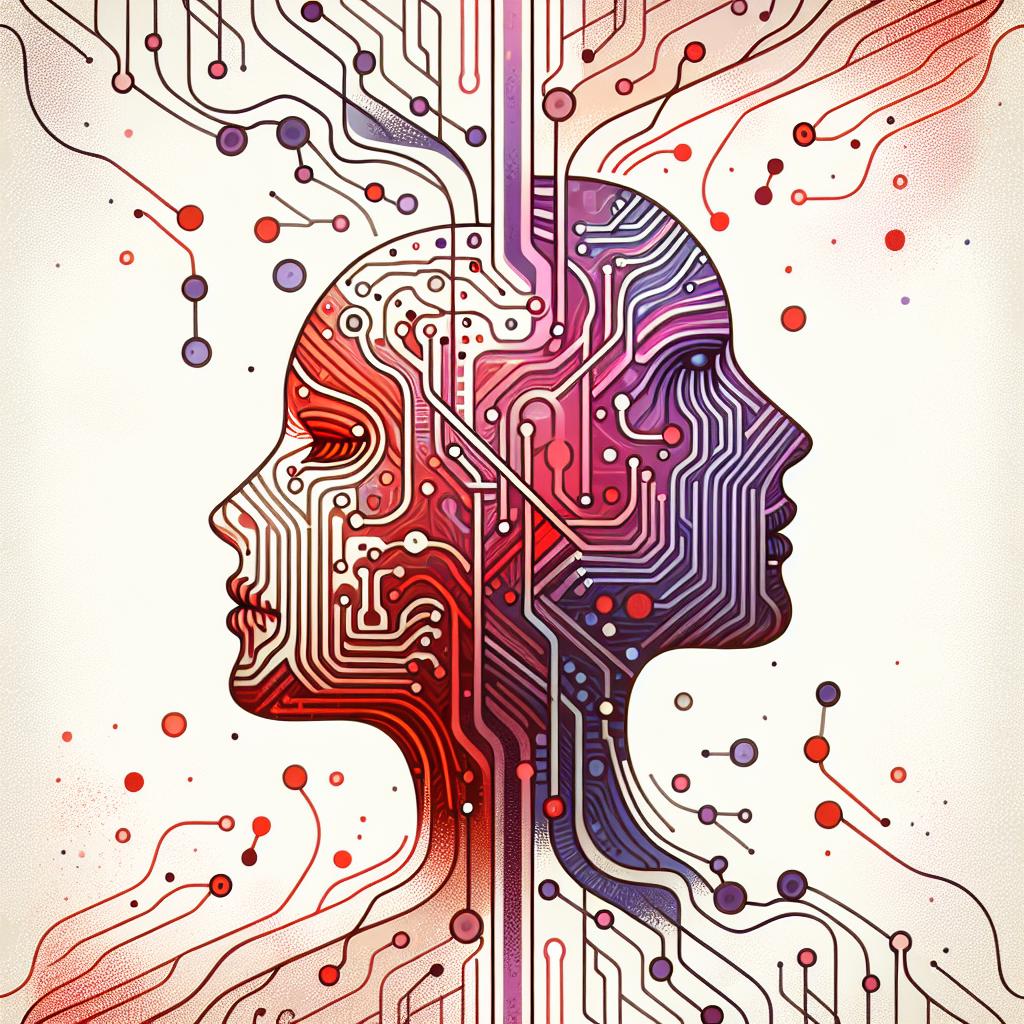 Create a 2D, vector-style, flat, and corporate illustration showcasing the intersection of artificial intelligence and human sexuality. On a white, textureless background, design an artistic representation of a human face intertwining with electronic circuits. These circuits stand as a metaphor for the permeating technology in our lives while the faces signify emotional connection and humanity. Use warm colors like red and purple to exude themes of intimacy and eroticism, and counterbalance these sharp elements with soft textures that highlight the complexity of human relationships.