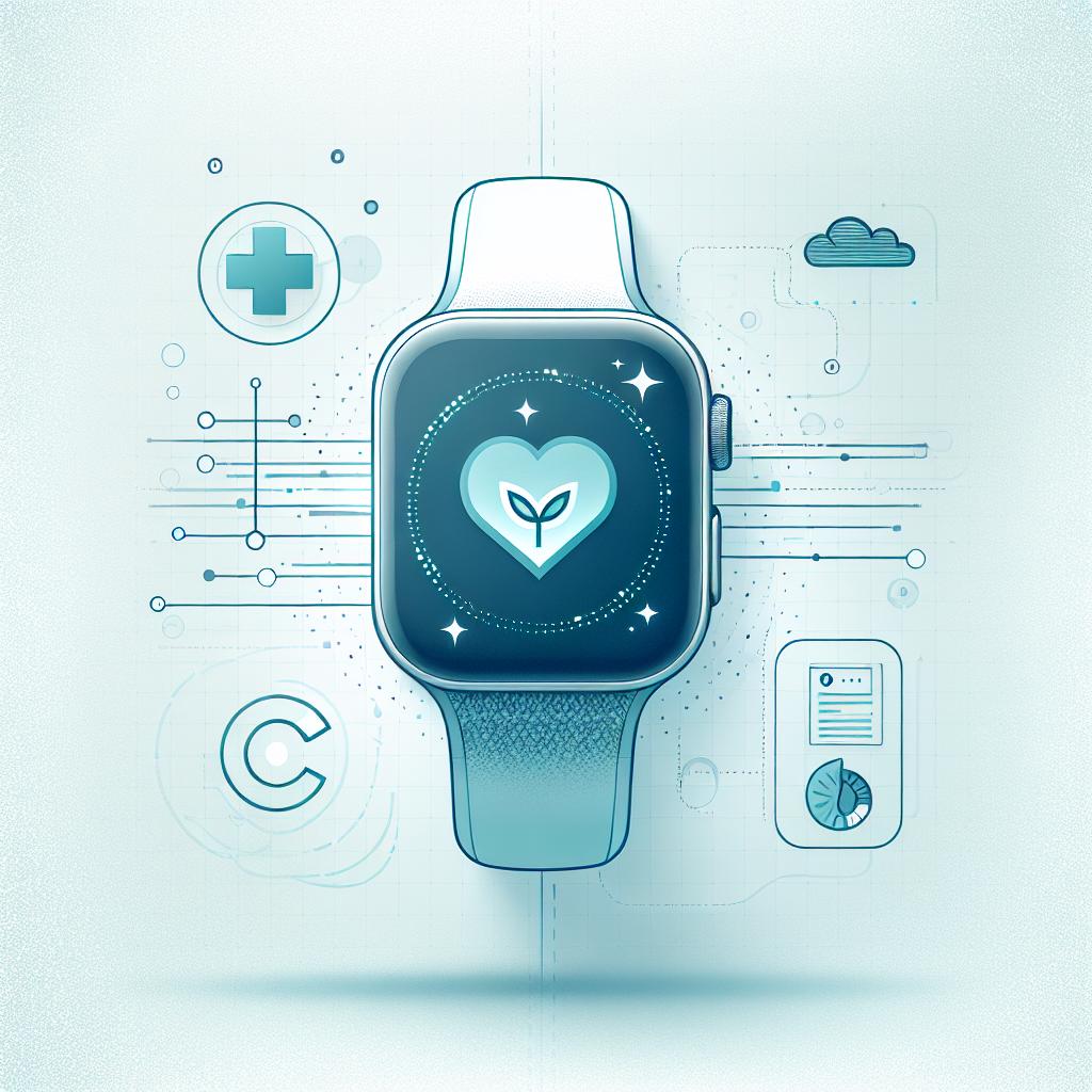 Create a 2D, flat, vector style image from a linear perspective. The central element is an Apple Watch, the product is renowned for its innovation and technology. Highlight the new feature for sleep apnea detection on the Watch's screen. The background of the image is white and textureless, with light blue elements that convey calmness and relaxation, fitting for a sleep-friendly environment. Additional elements include a sleep icon, representing health and sleep monitoring, as well as symbols of medical reports, suggesting the capability to share data with healthcare professionals.