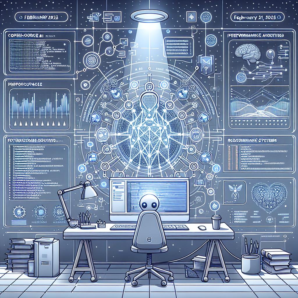 Visualize a scene set on February 21, 2025. It captures a comprehensive list of open-source AI agents made available on Github, providing developers with a variety of tools to create and manage multiple autonomous agents for diverse applications, from productivity routines to recommendation systems. This scene should be represented in a 2D, linear perspective, with a corporate, vector, and flat art style. It symbolizes a virtual development environment, complete with lines of code and performance charts related to the AI agents. The background should be dotted with white, untextured elements and additional details that include programming code, performance graphs, a modern workplace showcasing a laptop, and network connections symbolizing online collaboration.