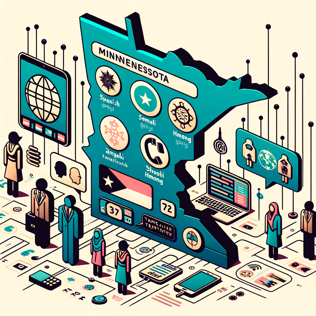 Create a 2D, linear perspective image in a flat, corporate style. The background should be a textureless white surface. The main elements should include: a map of Minnesota, which symbolizes the geographical focus of the story; icons representing the the languages Spanish, Somali and Hmong, highlighting the main languages catered by the ETO; a prominent logo of ChatGPT, representing the implemented technology; people of varying ethnic descent including Hispanic, Middle-Eastern, and Asian to symbolize the diversity in Minnesota. To represent translation services and assistive technology, include images of various documents and technological devices. Ensure the design is vectorial.