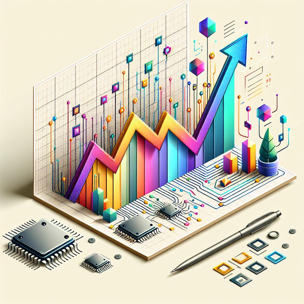 Illustrate a scene in 2D, linear perspective style on a blank, untextured background. The image should be vectorial, flat, and corporate in design. It should depict a rising graph that represents projected growth in semiconductor chip sales. The graph should be adorned with vibrant, striking colours to highlight the dynamic and innovative nature of the industry. Scattered around the graph, design icons which are symbolic of increasing demand for generative AI chips. Also, include elements like chips and circuits spread around the image to accurately reflect the focus of the industry.