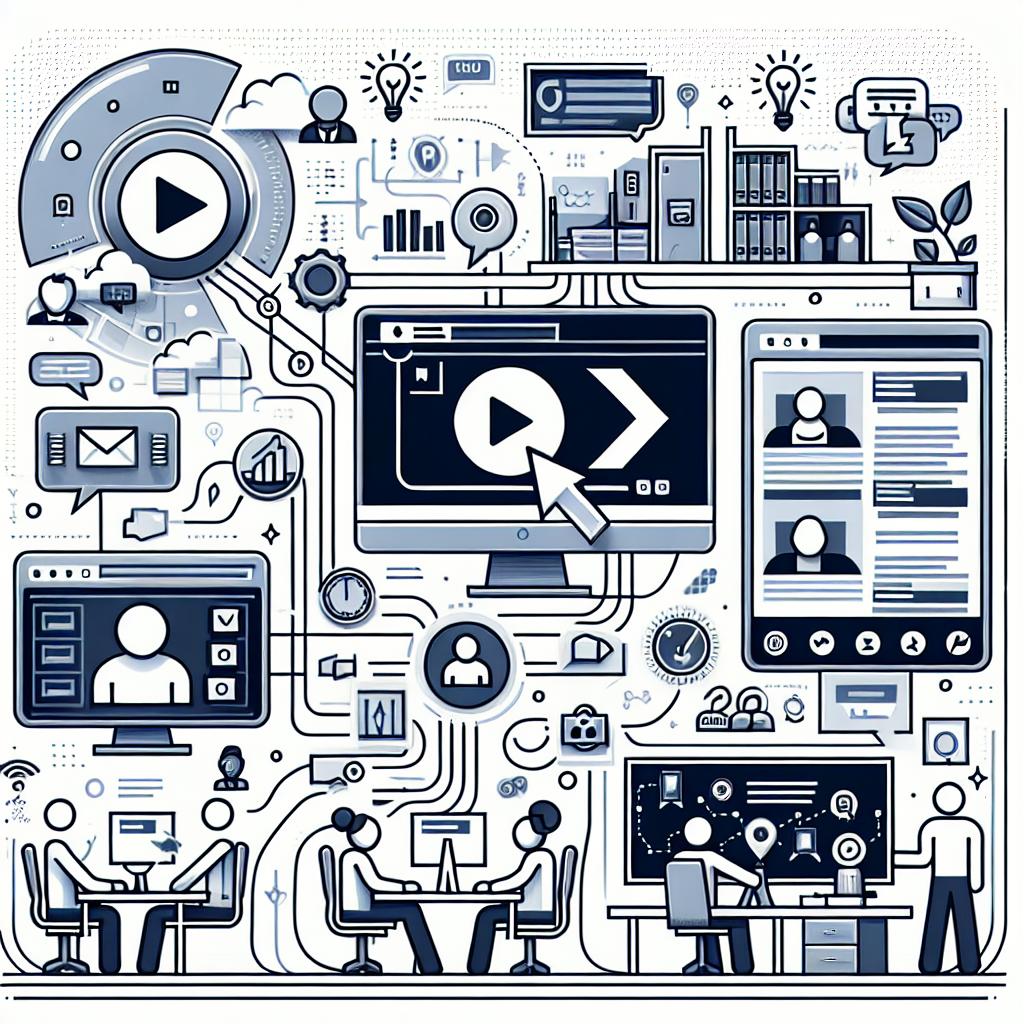 Create a 2D, linear and vector-style image that illustrates the integration of video search in different corporate platforms, such as chatbots and FAQs. The background should be white and without any textures. In the scene, depict modern work environment with computers and mobile devices. Include icons of software like Teams and Slack to highlight their integration. Make sure to represent video thumbnails, symbolizing the accessibility of audio-visual content. Lastly, depict flows of information to illustrate the interactivity and dynamism of communication.