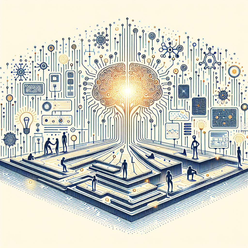 Create a 2D, flat-style, vector image, drawn from a linear perspective. The scene should depict an abstract, futuristic environment that embodies artificial intelligence. This environment should be populated with symbolic elements: circuits to represent advanced technology and the foundation of AI, neuron-inspired imagery to highlight the biological inspiration behind neural networks, bright lights to suggest innovation and the future of technology, silhouettes of diverse genders and descents to represent the influence of AI on society, and data tables to signify the importance of data analysis in AI. The image should have a plain white and textureless background.