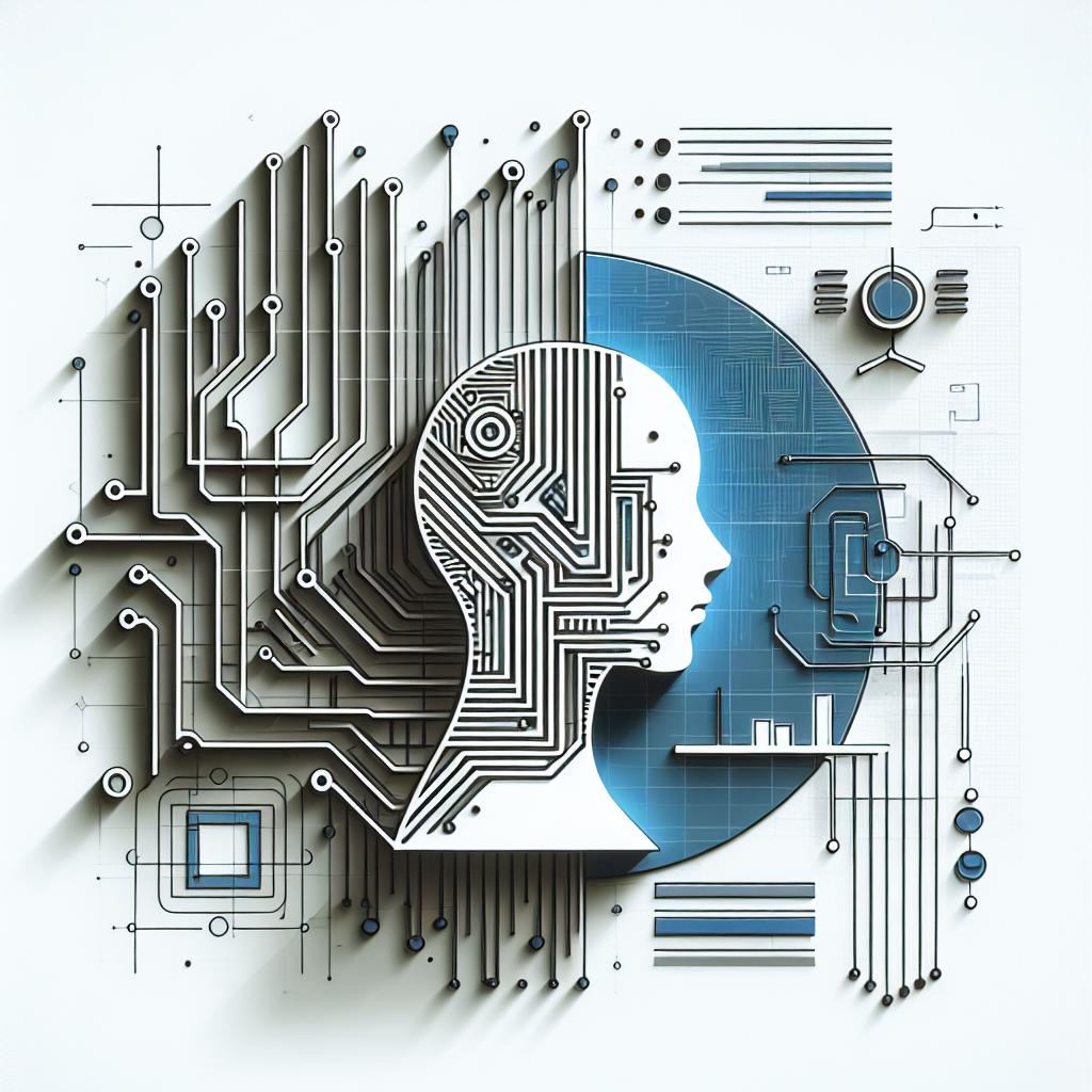 Create a 2D image in a flat, corporate style with a white, untextured background. The main focus of the image is an abstract representation of an independent AI evaluator. To exemplify technology and the complexity of AI, incorporate futuristic and technological elements such as circuits. To depict the action of evaluation and data analysis, include performance graphs. Employ cool colors such as blue and gray to evoke a sense of technology and precision.