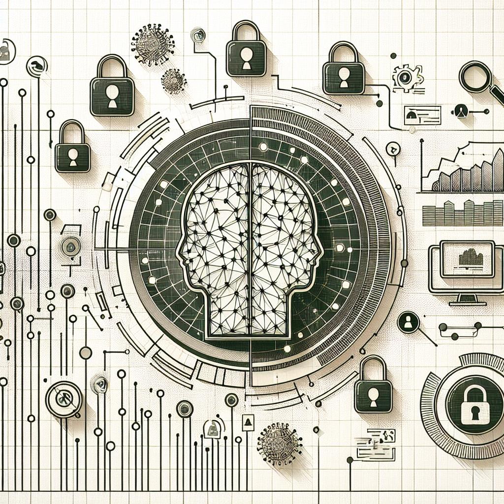 Create a 2D linear perspective image with a corporative, flat, and vectorial style on a white and texture-less background. The main element of this image is an illustrative chart showing the usage of data in artificial intelligence. Additional elements should include privacy icons, symbolizing the users' concerns and a padlock indicating data security. The background should suggest a technological environment.